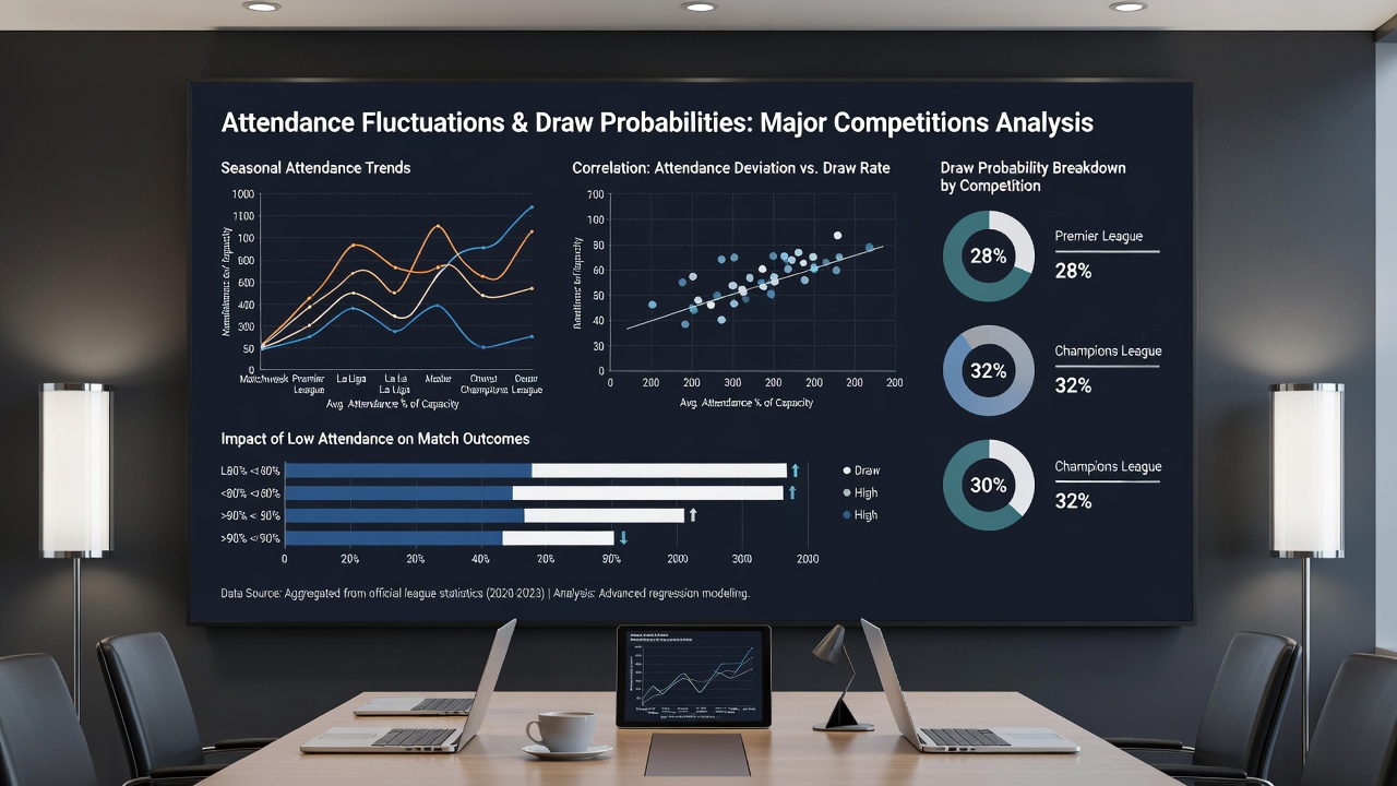 Data charts illustrating attendance versus draw probability correlations in football leagues