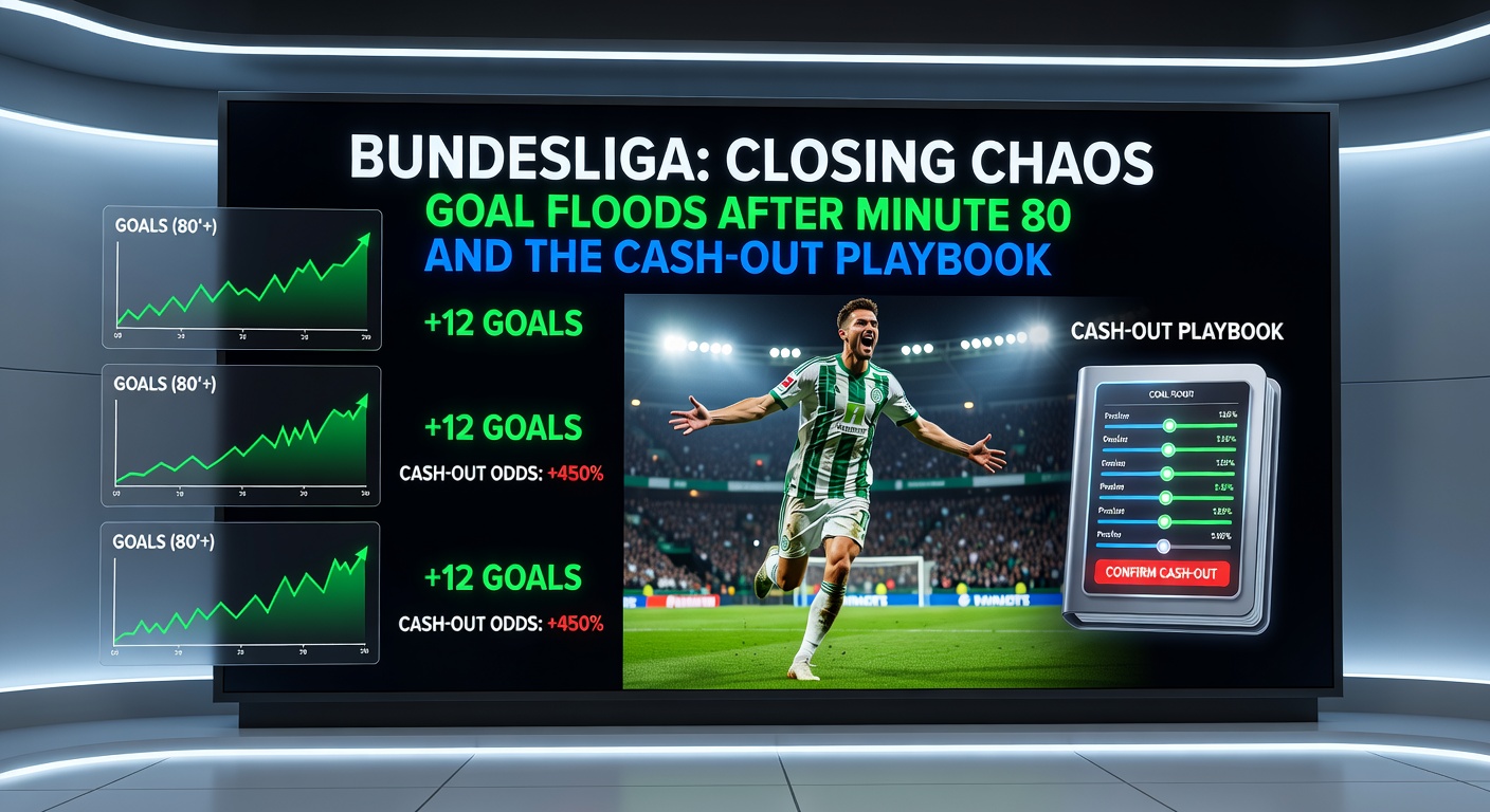 Graph showing Bundesliga goal timing distribution with a sharp peak after the 80th minute, overlaid on a match heatmap