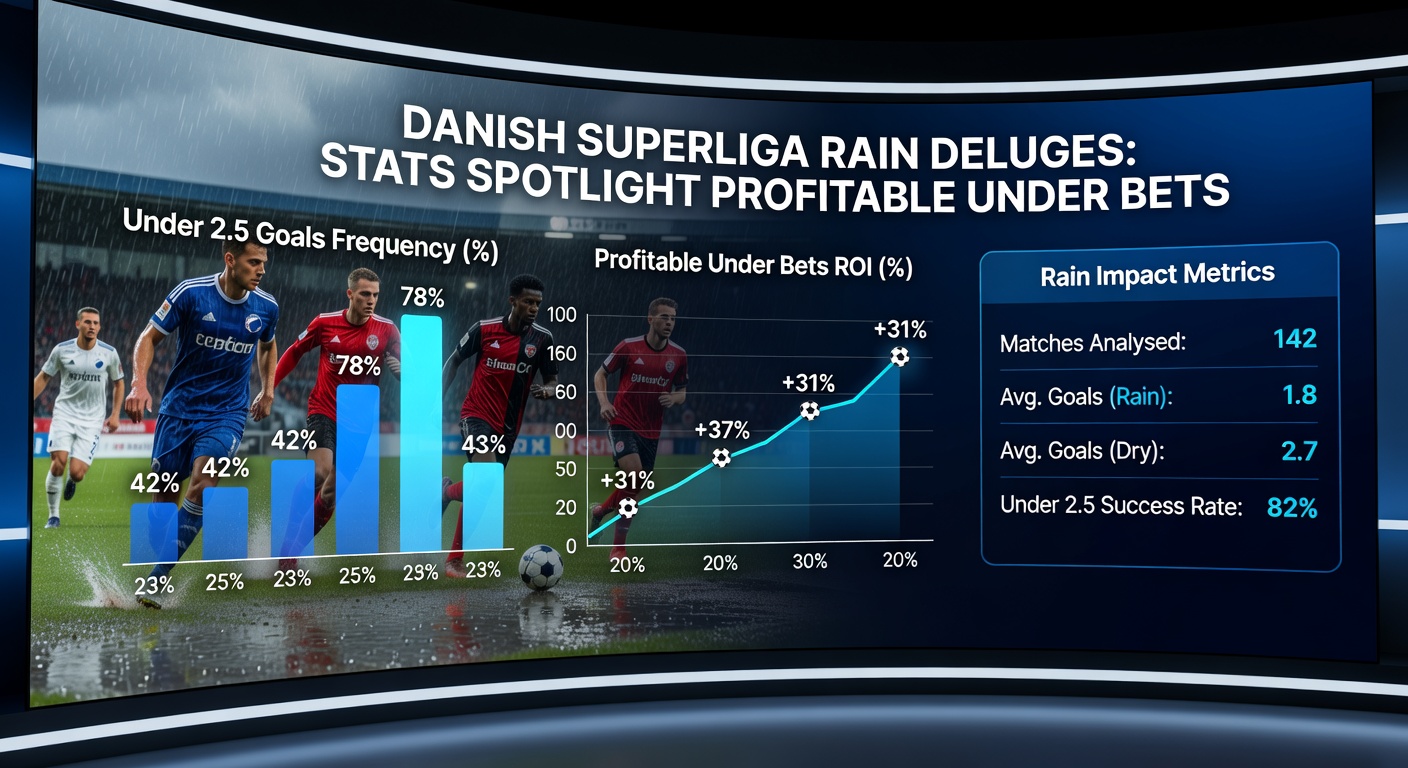 Statistical chart showing goal averages in rainy vs. dry Danish Superliga matches, highlighting under bet profitability