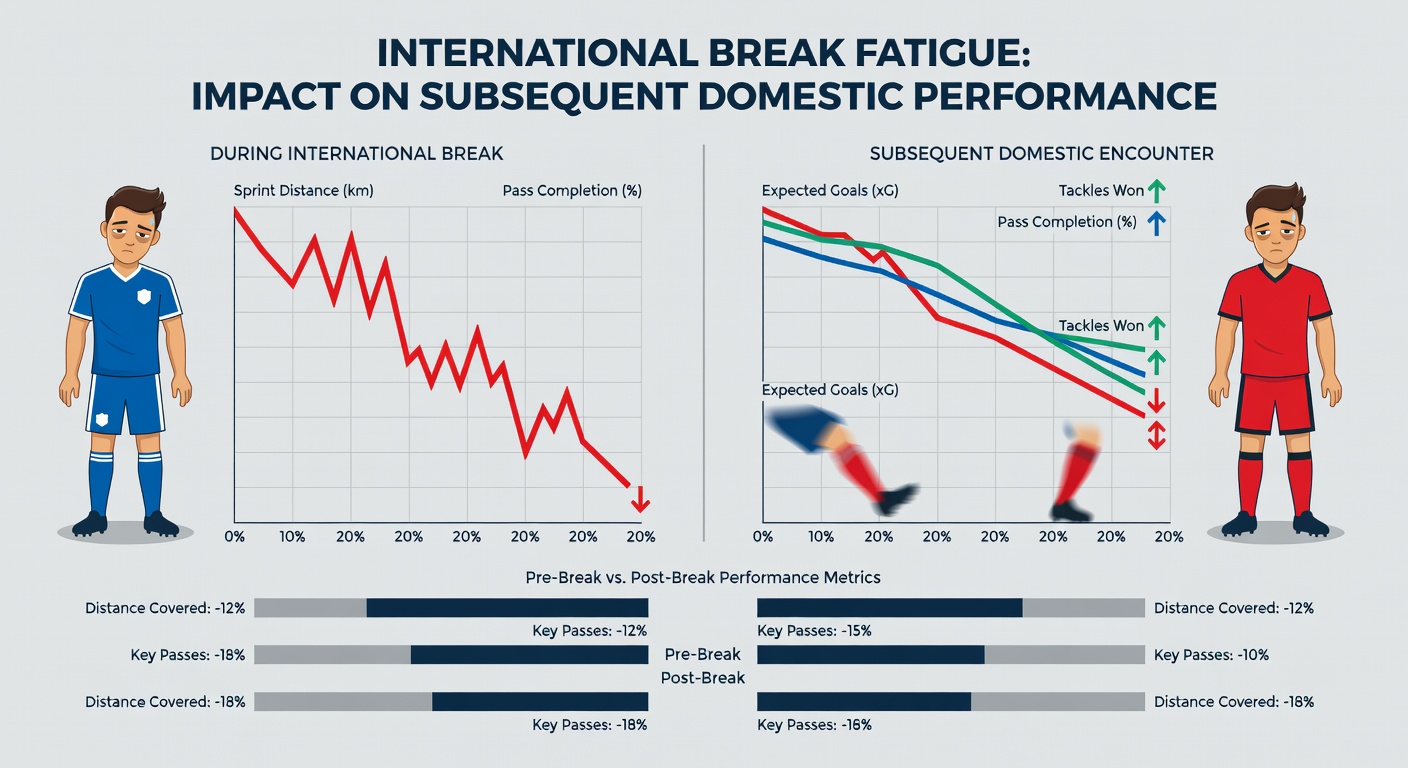 Detailed match statistics overlay showing performance metrics before and after international breaks