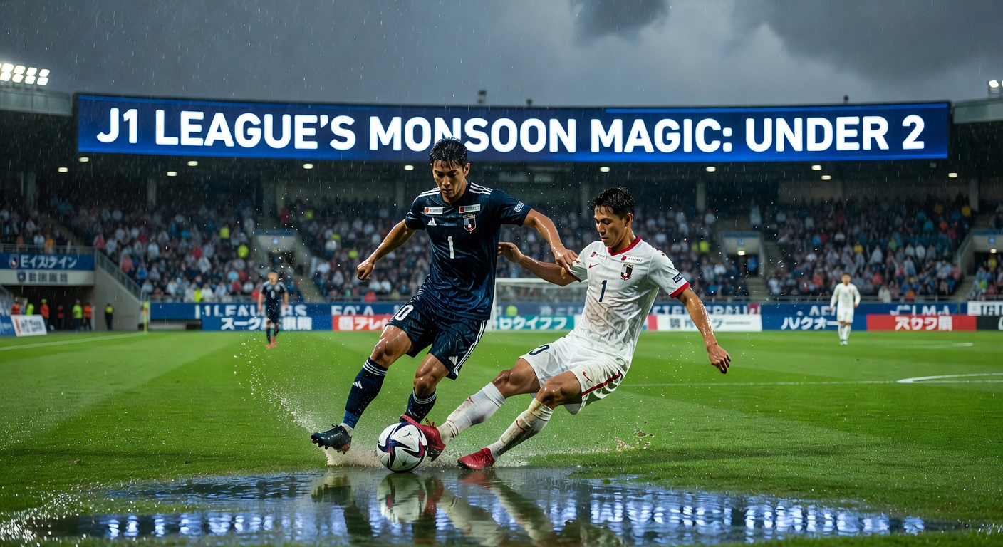 J1 League players battling through monsoon rain, highlighting defensive stands and low-scoring tension