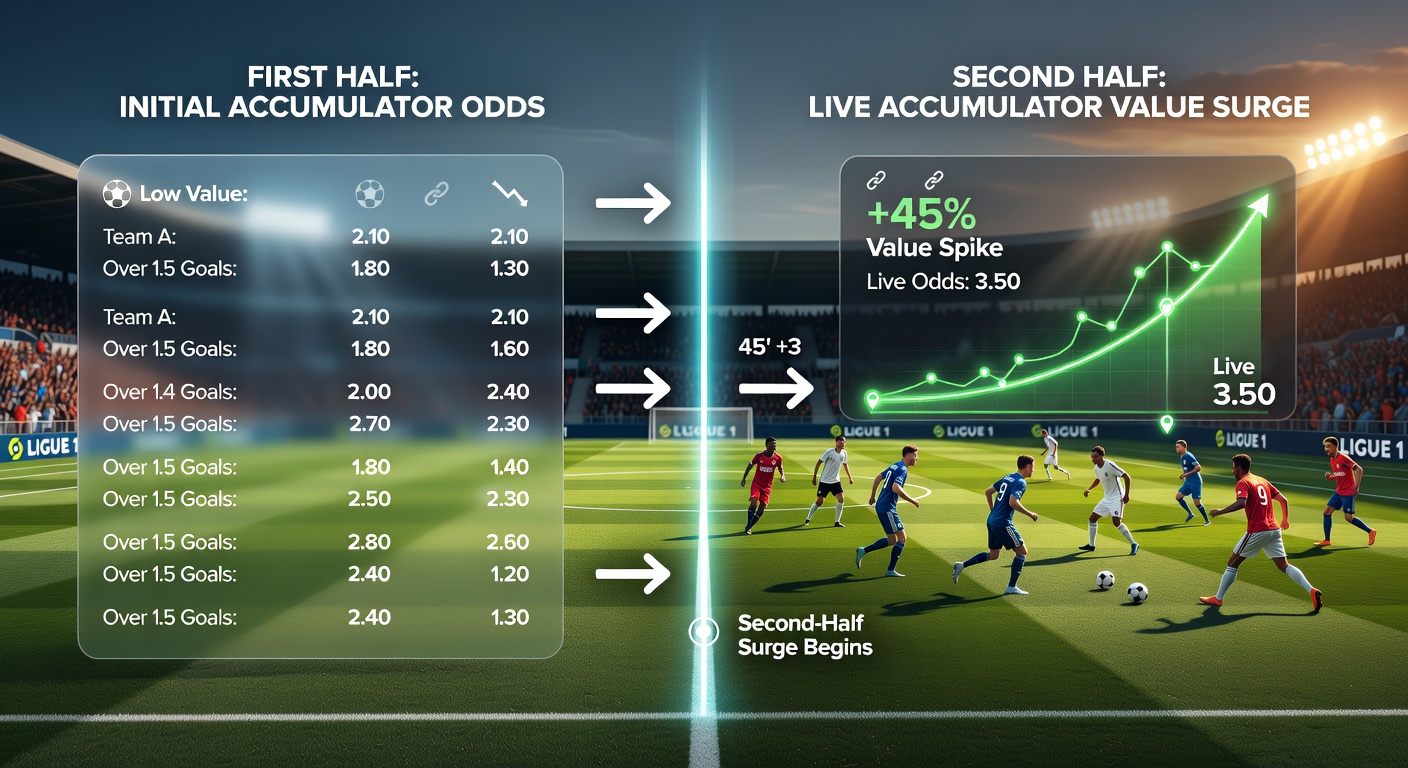 Line graph illustrating Ligue 1 second-half goal distribution across recent seasons, peaking sharply post-60 minutes