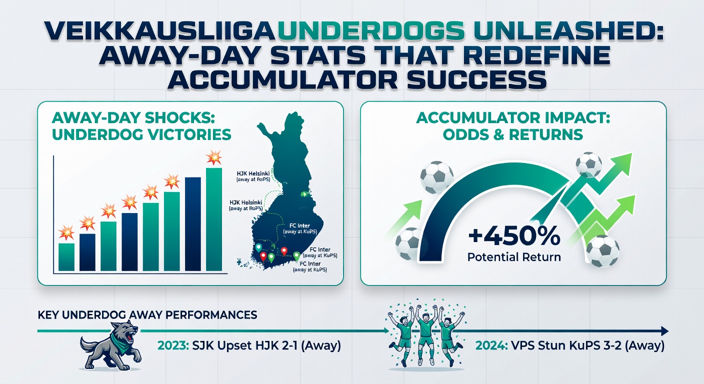 Infographic breaking down Veikkausliiga away underdog win rates, draw frequencies, and accumulator ROI trends over five seasons with bar charts and heat maps