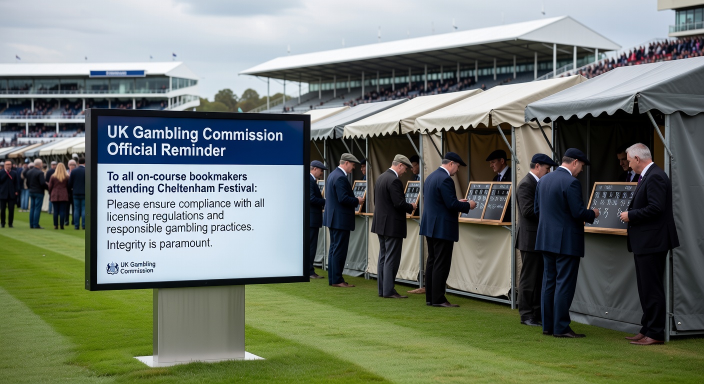 Close-up of on-course bookmaker at Cheltenham Festival tallying cash bets with racehorses in the background under sunny skies